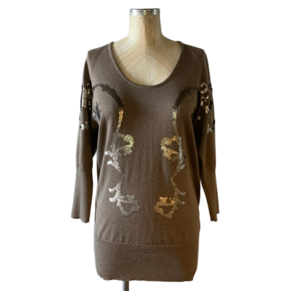 Escada Womens Vintage Tan Lightweight Batwing Sweater with Sequin Design Size XS